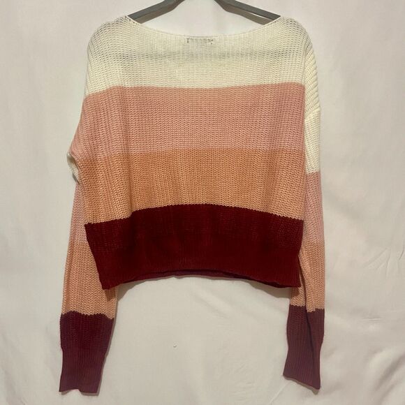 Pink Boxy Cropped Boat Neck Stripe Ribbed Knit Sweater - Picture 4 of 14